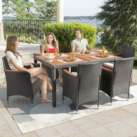 Lacoo 7 Pieces Outdoor Patio Dining Set with PE Rattan Wicker Dining Table and Chairs Acacia Wood Tabletop, Curved Wood Armrest Chairs with Cushions