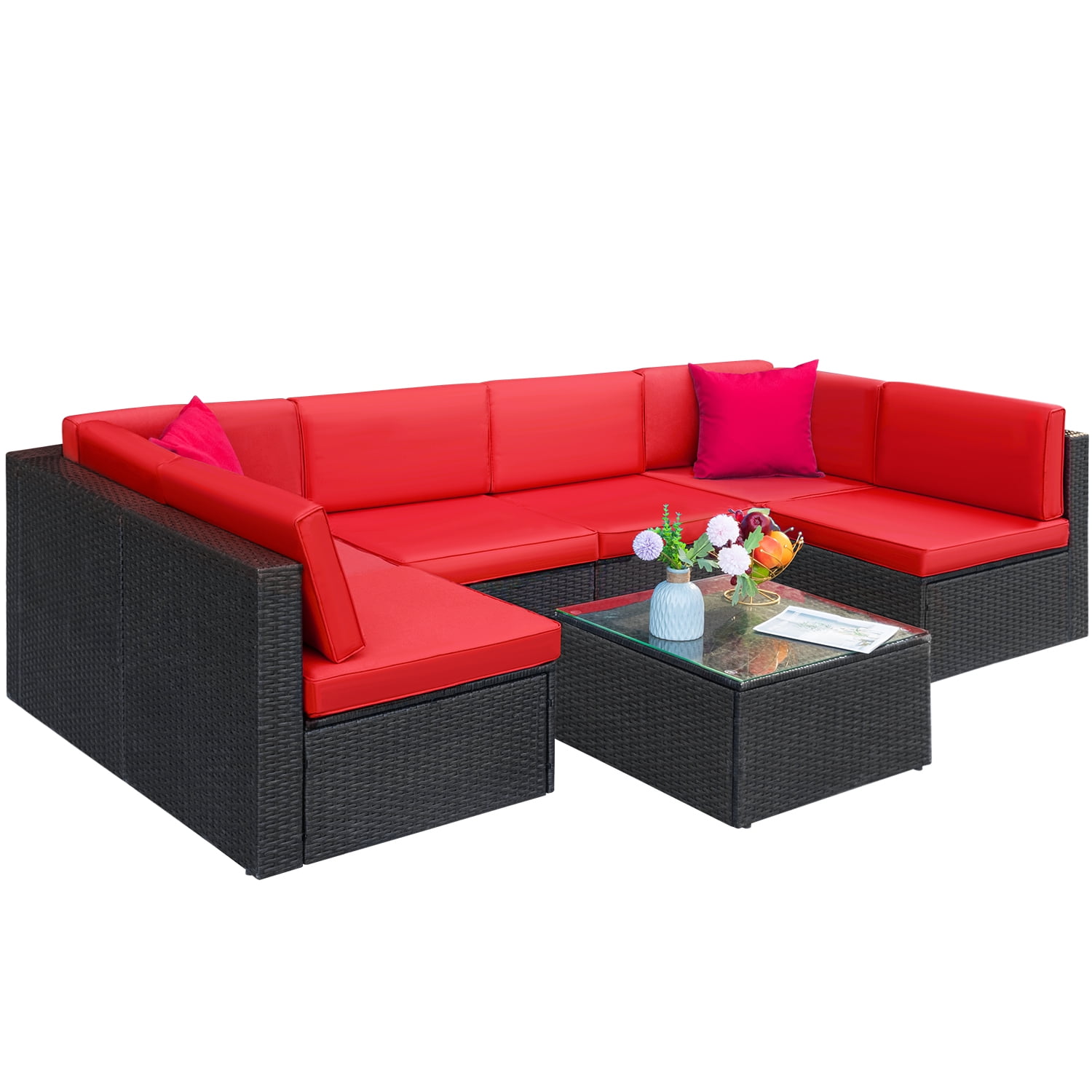 Lacoo 7 Pieces Patio Conversation Sets Outdoor Sectional Sofa Set PE Wicker Rattan Sectional Seating Group with Cushions and Glass Table, Red