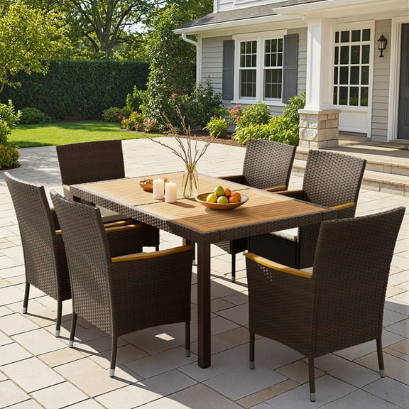 Lacoo 7 Pieces Patio Dining Sets, Acacia Wood Outdoor Table and Chairs with Curved Armrest and Beige Cushions, Brown