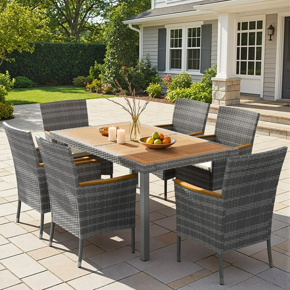 Lacoo 7 Pieces Patio Dining Sets, Acacia Wood Outdoor Table and Chairs with Curved Armrest and Beige Cushions, Gray