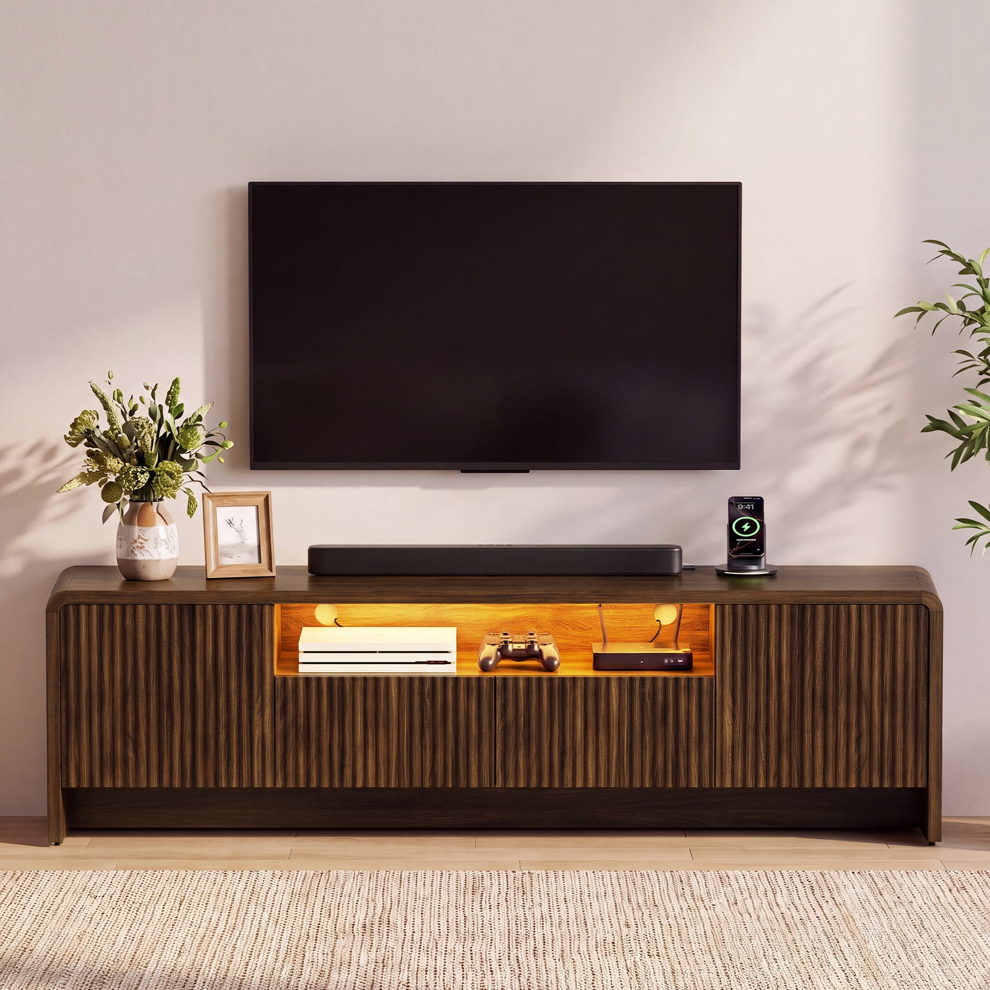 Lacoo 70 Inch Fluted TV Stand for 55-75 Inch TVs, Entertainment Center with Charging Station and RGB LED Lights, Media Console with 2 Drawers and Storage Cabinets for Living Room, Walnut