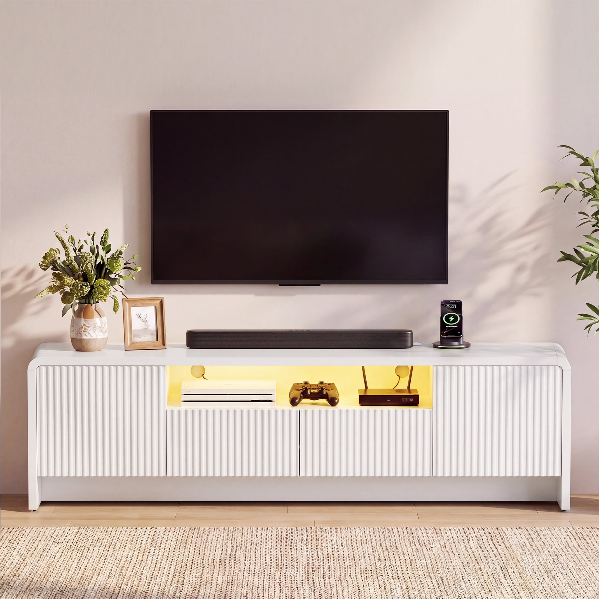 Lacoo 70 Inch Fluted TV Stand for 55-75 Inch TVs, Entertainment Center with Charging Station and RGB LED Lights, Media Console with 2 Drawers and Storage Cabinets for Living Room, White