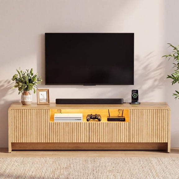 Lacoo 70 Inch Fluted TV Stand for 55-75 Inch TVs, Entertainment Center with Charging Station and RGB LED Lights, Media Console with 2 Drawers and Storage Cabinets for Living Room, Natural