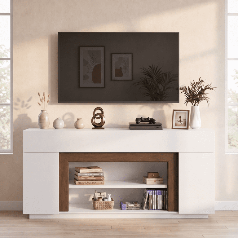 Lacoo 70-Inch TV Stand for 55-80 Inch TVs, Modern Entertainment Center with Storage Cabinets and Adjustable Shelves, Media Console for Living Room, White