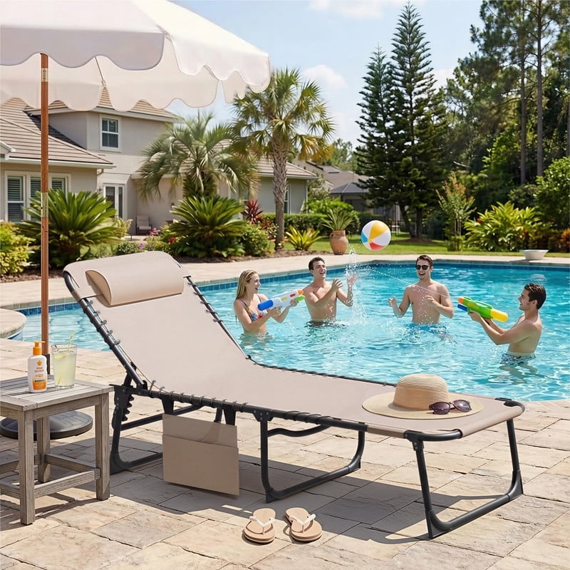Lacoo Teslin Foldable Lounge Chair, Outdoor Chaise Lounge with Sauna, 5-Position Adjustable Beach Chair, Beige