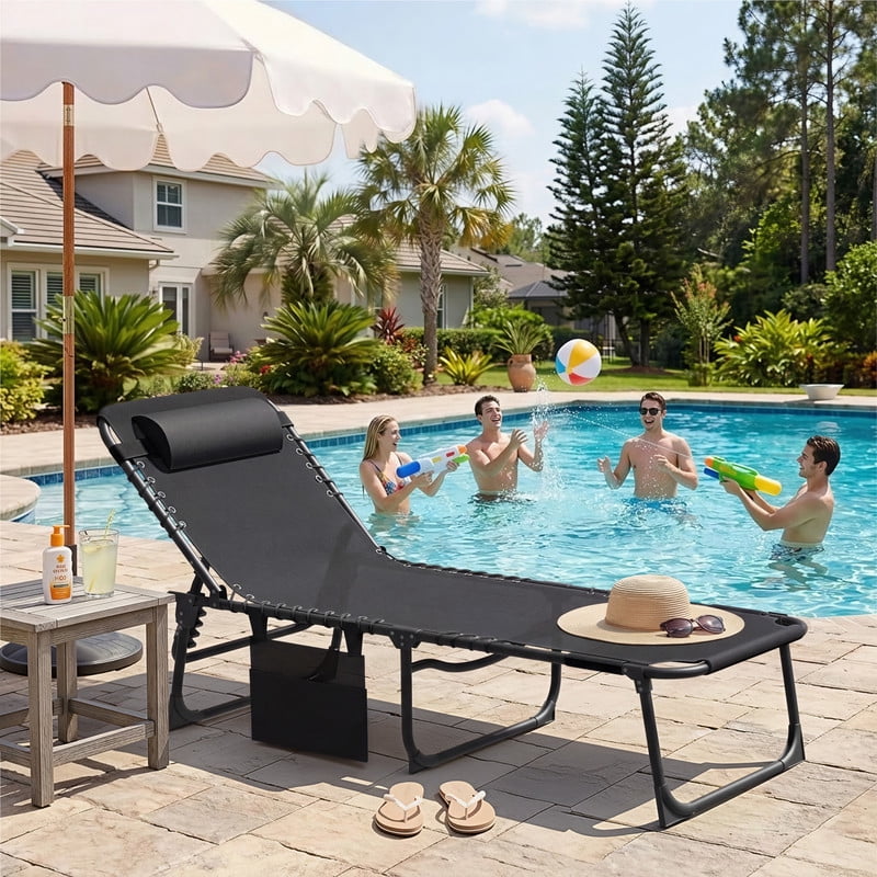 Lacoo Teslin Foldable Lounge Chair, Outdoor Chaise Lounge with Sauna, 5-Position Adjustable Beach Chair, Black