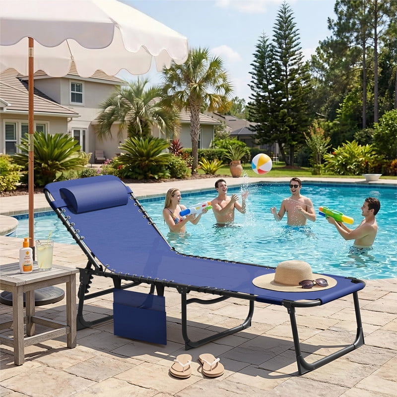 Lacoo Teslin Foldable Lounge Chair, Outdoor Chaise Lounge with Sauna, 5-Position Adjustable Beach Chair, Blue
