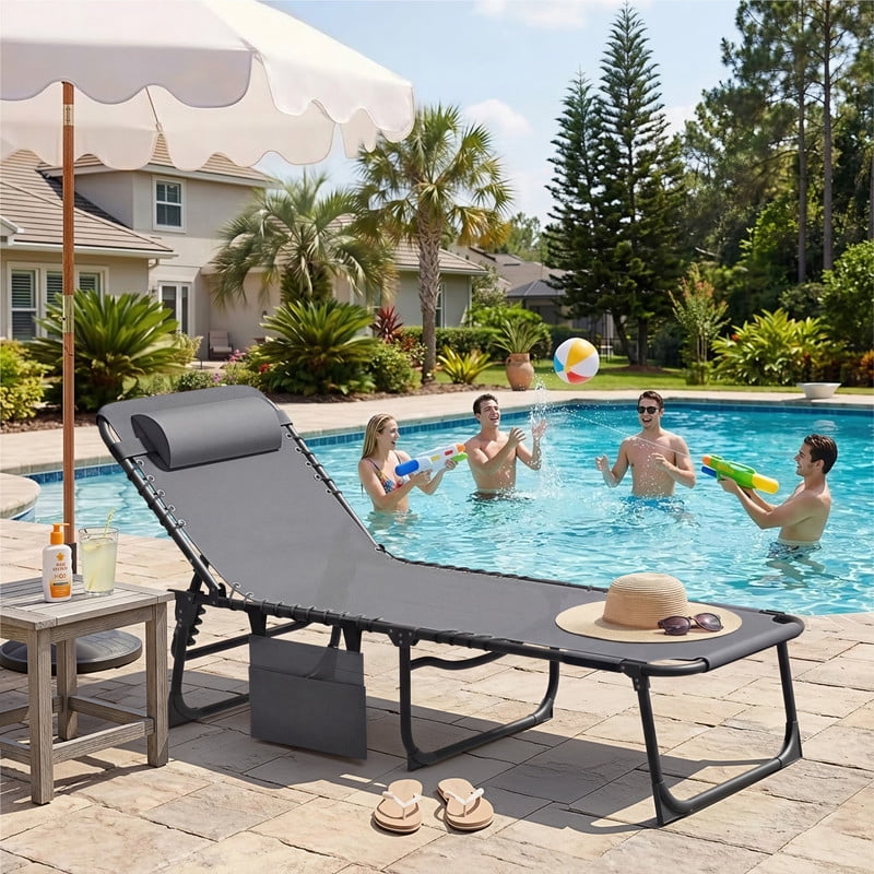 Lacoo Teslin Foldable Lounge Chair, Outdoor Chaise Lounge with Sauna, 5-Position Adjustable Beach Chair, Gray