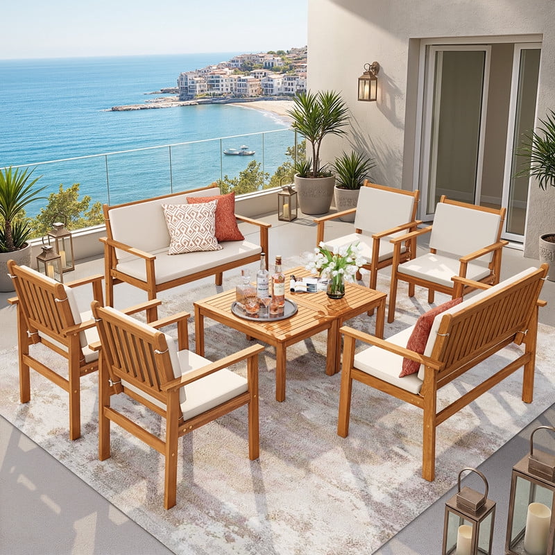 Lacoo 8 Pieces Acacia Wood Patio Conversation Set, Outdoor Furniture Set with Comfy Cushions, Beige