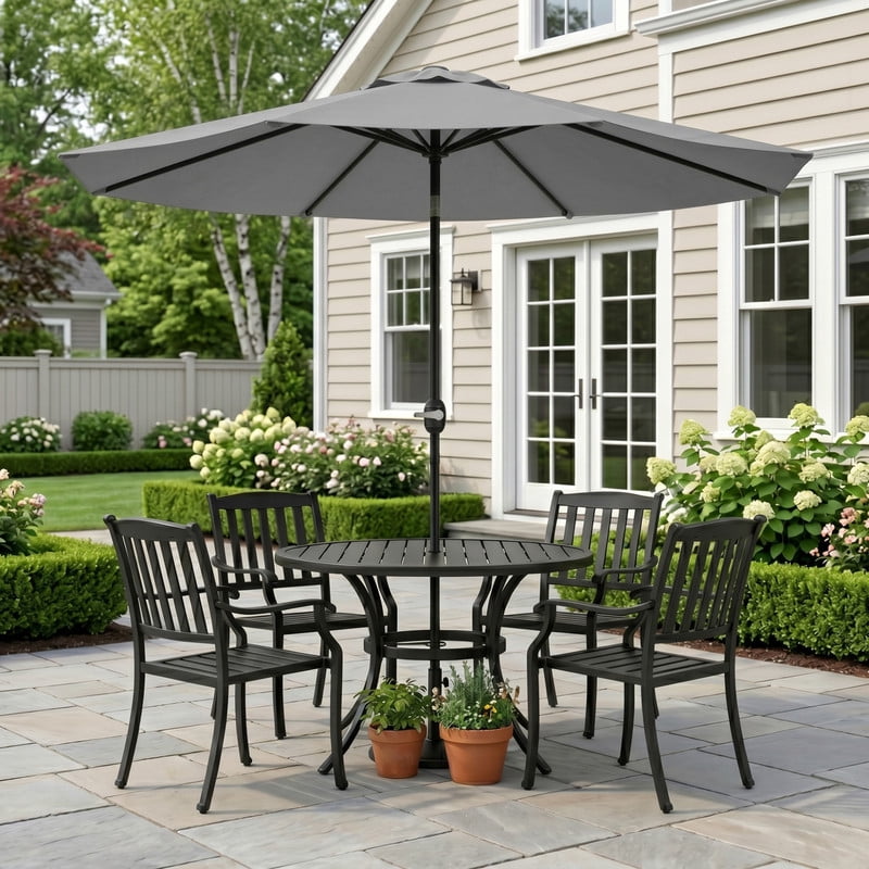 Lacoo 9' Outdoor Patio Umbrella, Market Table Umbrella with Push Button Tilt, 8 Heavy-Duty Steel Ribs & Wind Vents, Gray