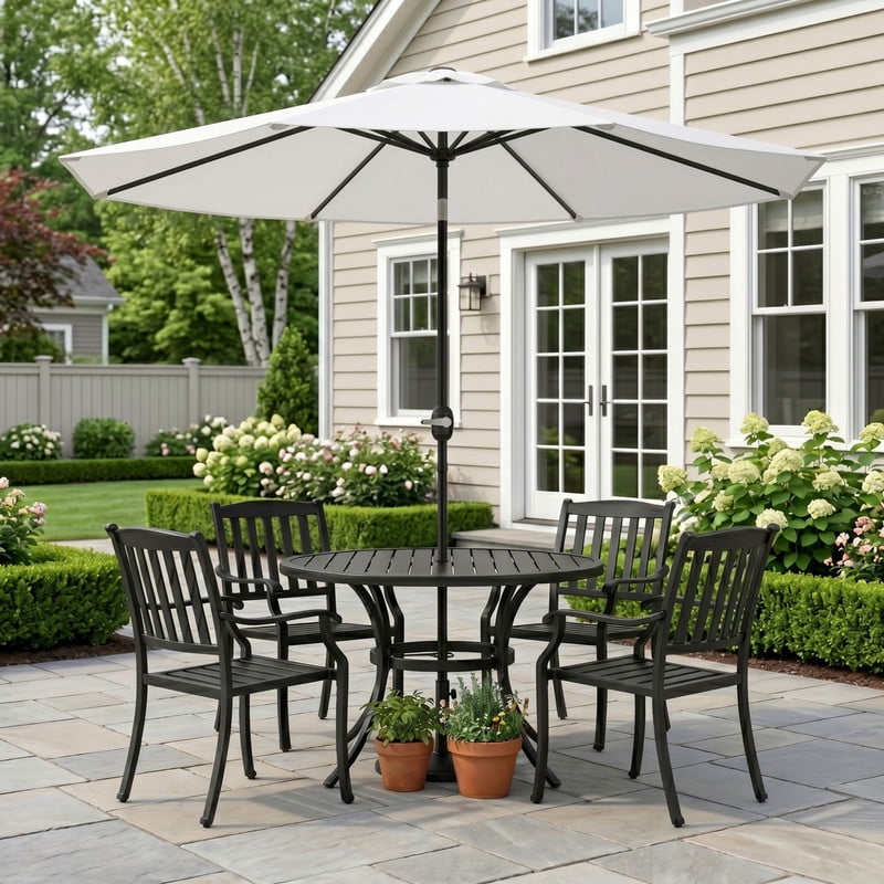 Lacoo 9' Outdoor Patio Umbrella, Market Table Umbrella with Push Button Tilt, 8 Heavy-Duty Steel Ribs & Wind Vents, White