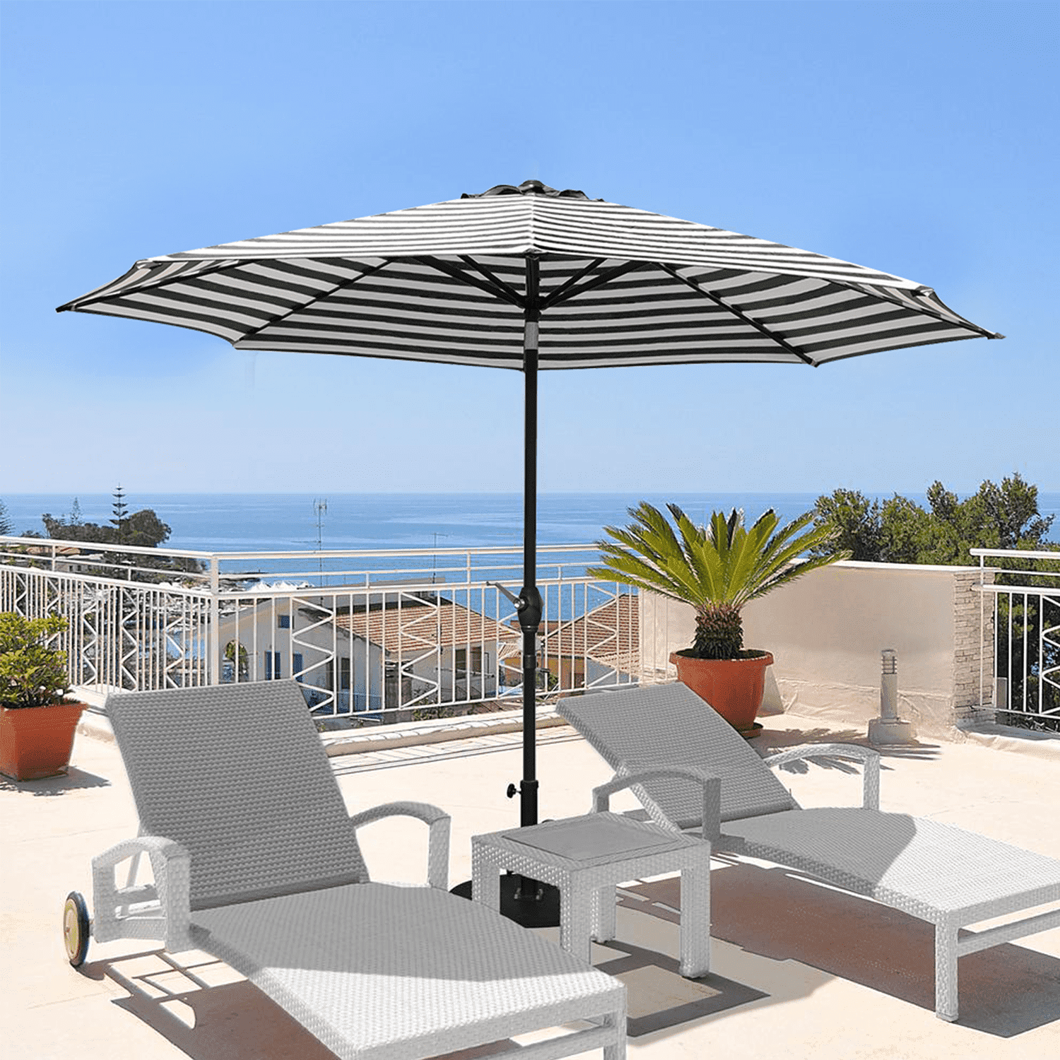 Lacoo 9' Patio Umbrella Outdoor Market Table Umbrella with Push Button Tilt, 8 Sturdy Ribs（Black and White）