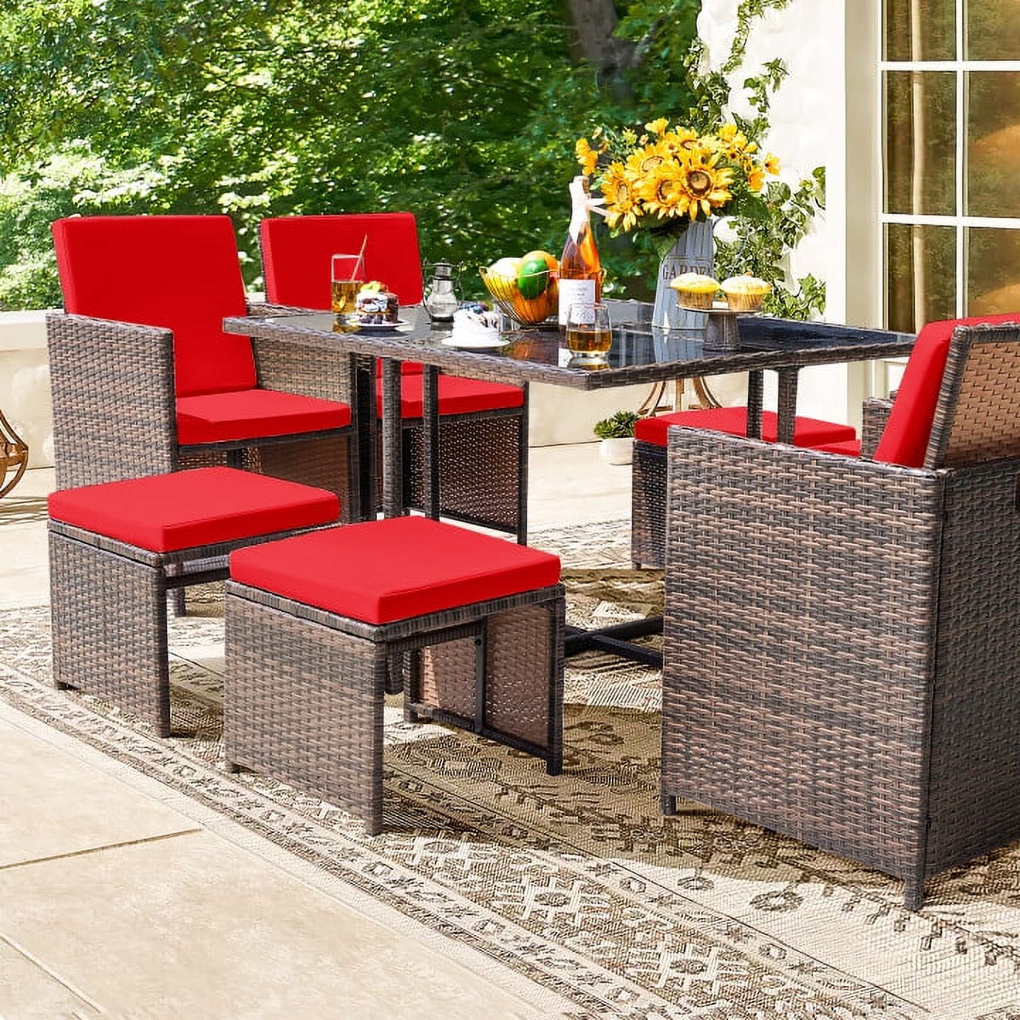 Lacoo 9 Pieces Patio Dining Sets Outdoor Indoor Furniture Patio Wicker Rattan Chairs and Tempered Glass Table Sectional Set Conversation Set Cushioned with Ottoman, Red, 8 - image 1 of 7