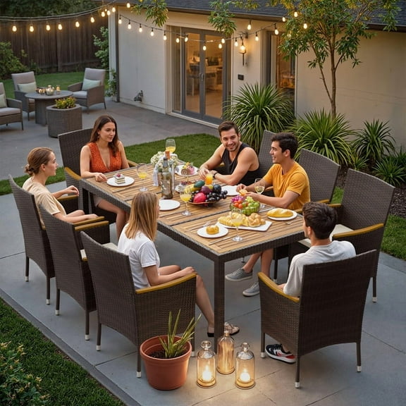 Lacoo 9 Pieces Patio Furniture Set with Acacia Wood Tabletop and Rattan Chairs, Outdoor Dining Table Set with Comfortable Beige Cushions, Brown Wicker