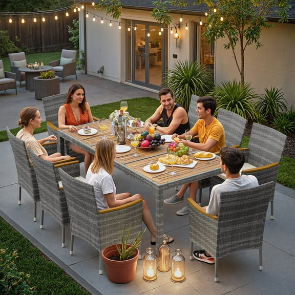 Lacoo 9 Pieces Patio Furniture Set with Acacia Wood Tabletop and Rattan Chairs, Outdoor Dining Table Set with Comfortable Beige Cushions, Grey Wicker