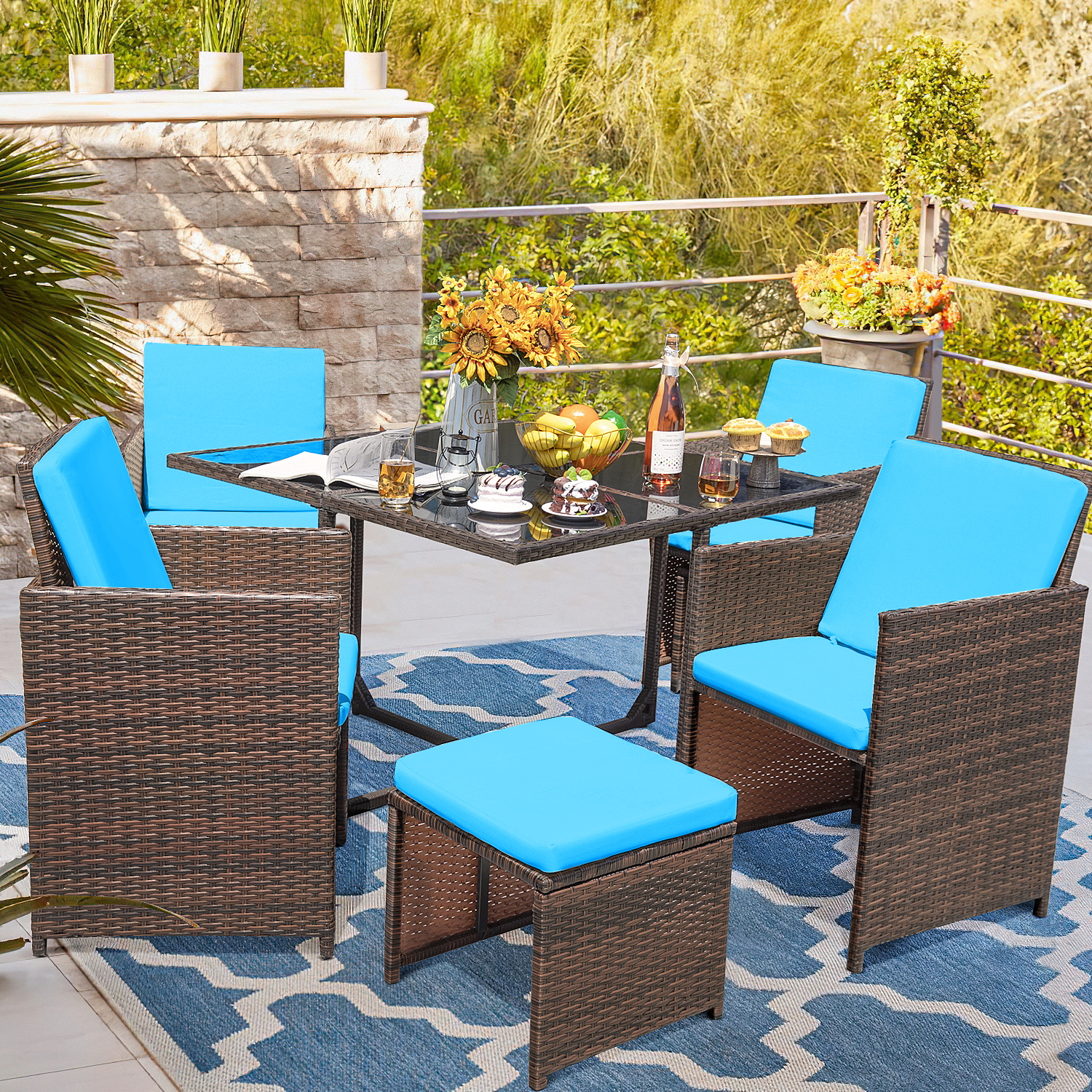 Lacoo 9 Pieces Patio Indoor Dining Sets Outdoor Furniture Patio Wicker Rattan Chairs and Tempered Glass Table Sectional Set Conversation Set Cushioned with Ottoman, Blue, 8 - image 1 of 7