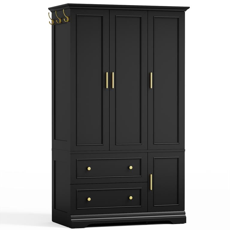 Lacoo Armoire Wardrobe with 3 Doors, 2 Drawers & Hanging Rod, Freestanding Closet Cabinet with Side Hooks for Bedroom, Black