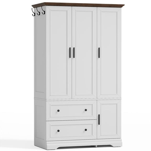 Lacoo Armoire Wardrobe with 3 Doors, 2 Drawers & Hanging Rod, Freestanding Closet Cabinet with Side Hooks for Bedroom, White