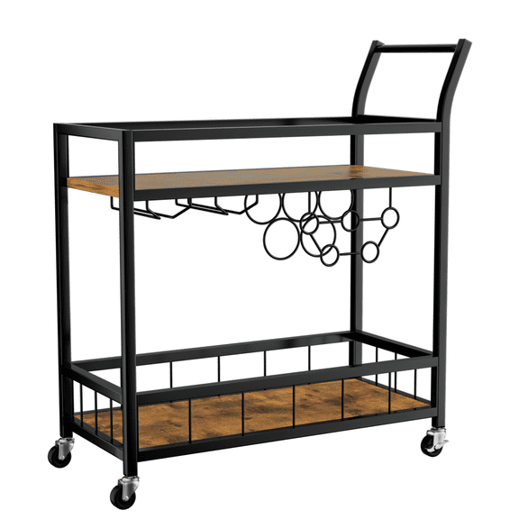 Lacoo Bar Cart Gold, Home Bar Serving Cart, Wine Cart with 2 Shelves, Wine Holders, Glass Holders, for Kitchen, Dining Room, Black