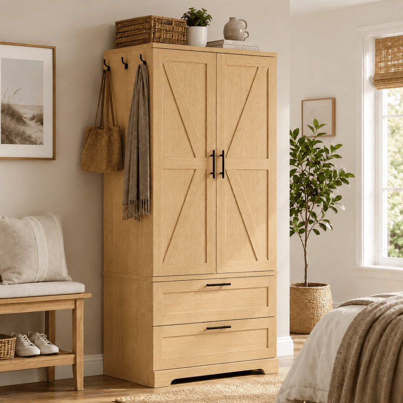 Lacoo Beige Wardrobe Armoire, 70.8 in, 2 Drawers, Motion-Sensor Light