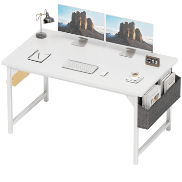 Lacoo Computer Desk 47 Inch Small Office Desk Modern Writing Desk with Storage Bag Work Study Table with Headphone Hook for Home Office, White