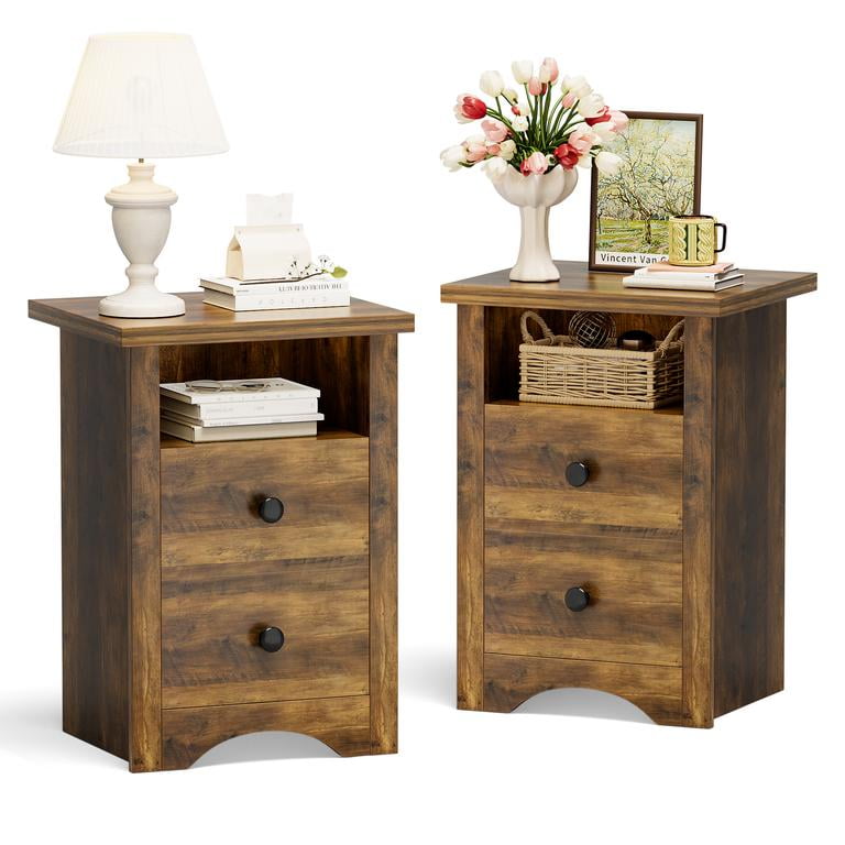 Lacoo End Table Set of 2 with 2 Drawers & Open Shelf, Nightstand for Bedroom Wood Side Table for Living Room, Warm Amber