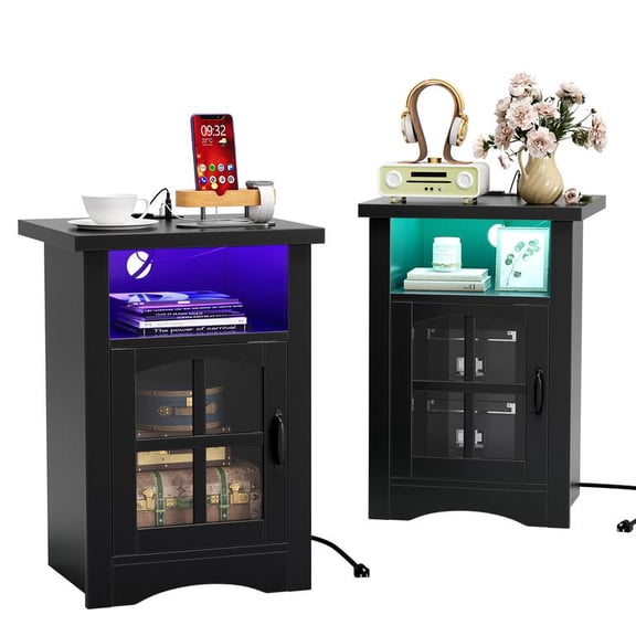 Lacoo End Table Set of 2 with LED Lights & Power Outlet, Side Table with Glass Door for Living Room, Nightstand with Storage for Bedroom, Black