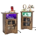 thumbnail image 1 of Lacoo End Table Set of 2 with LED Lights & Power Outlet, Side Table with Glass Door for Living Room, Nightstand with Storage for Bedroom, Brown, 1 of 7