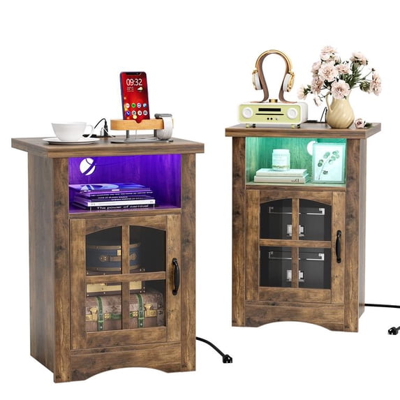 Lacoo End Table Set of 2 with LED Lights & Power Outlet, Side Table with Glass Door for Living Room, Nightstand with Storage for Bedroom, Brown