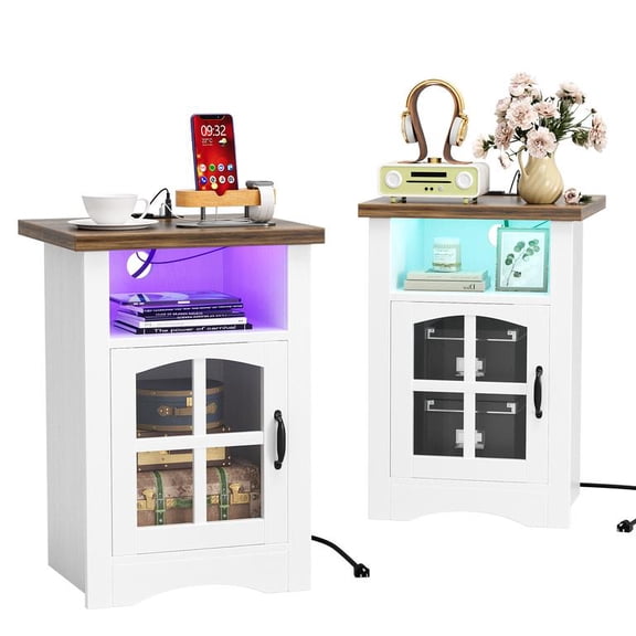 Lacoo End Table Set of 2 with LED Lights & Power Outlet, Side Table with Glass Door for Living Room, Nightstand with Storage for Bedroom, White