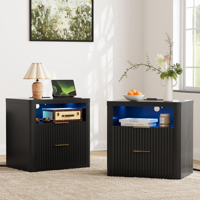 Lacoo End Table Set of 2 with Lights & Power Outlet, Fluted Nightstand with 2 Drawers for Bedroom, Sofa Side End Table for Living Room, Black