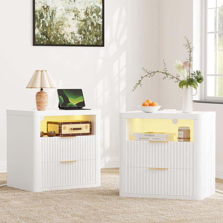 Lacoo End Table Set of 2 with Lights & Power Outlet, Fluted Nightstand with 2 Drawers for Bedroom, Sofa Side End Table for Living Room, White