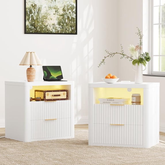 Lacoo End Table Set of 2 with Lights & Power Outlet, Fluted Nightstand with 2 Drawers for Bedroom, Sofa Side End Table for Living Room, White
