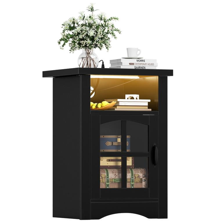 Lacoo End Table with LED Lights & Power Outlet, Side Table with Glass Door for Living Room, Nightstand with Storage for Bedroom, Black