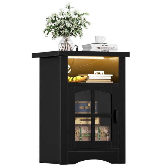 Lacoo End Table with LED Lights & Power Outlet, Side Table with Glass Door for Living Room, Nightstand with Storage for Bedroom, Black