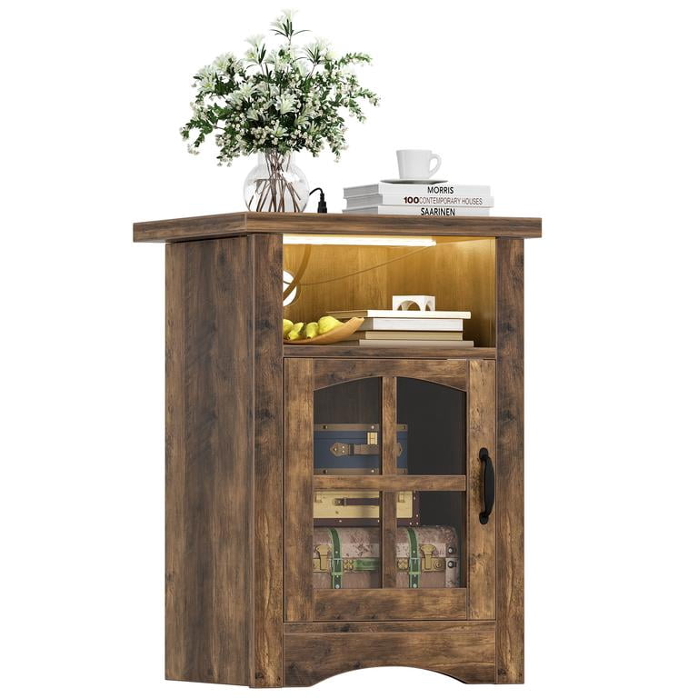 Lacoo End Table with LED Lights & Power Outlet, Side Table with Glass Door for Living Room, Nightstand with Storage for Bedroom, Brown