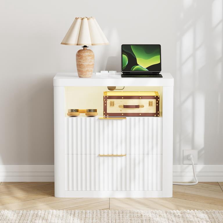 Lacoo End Table with Lights & Power Outlet, Fluted Nightstand with 2 Drawers for Bedroom, Sofa Side End Table for Living Room, White
