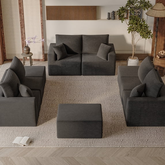 Lacoo Expandable Modular Sofa Collection, Thick Corduroy Upholstered Modular Sectional Couch with Ottoman, Customizable Seating for Small & Large Spaces, Black