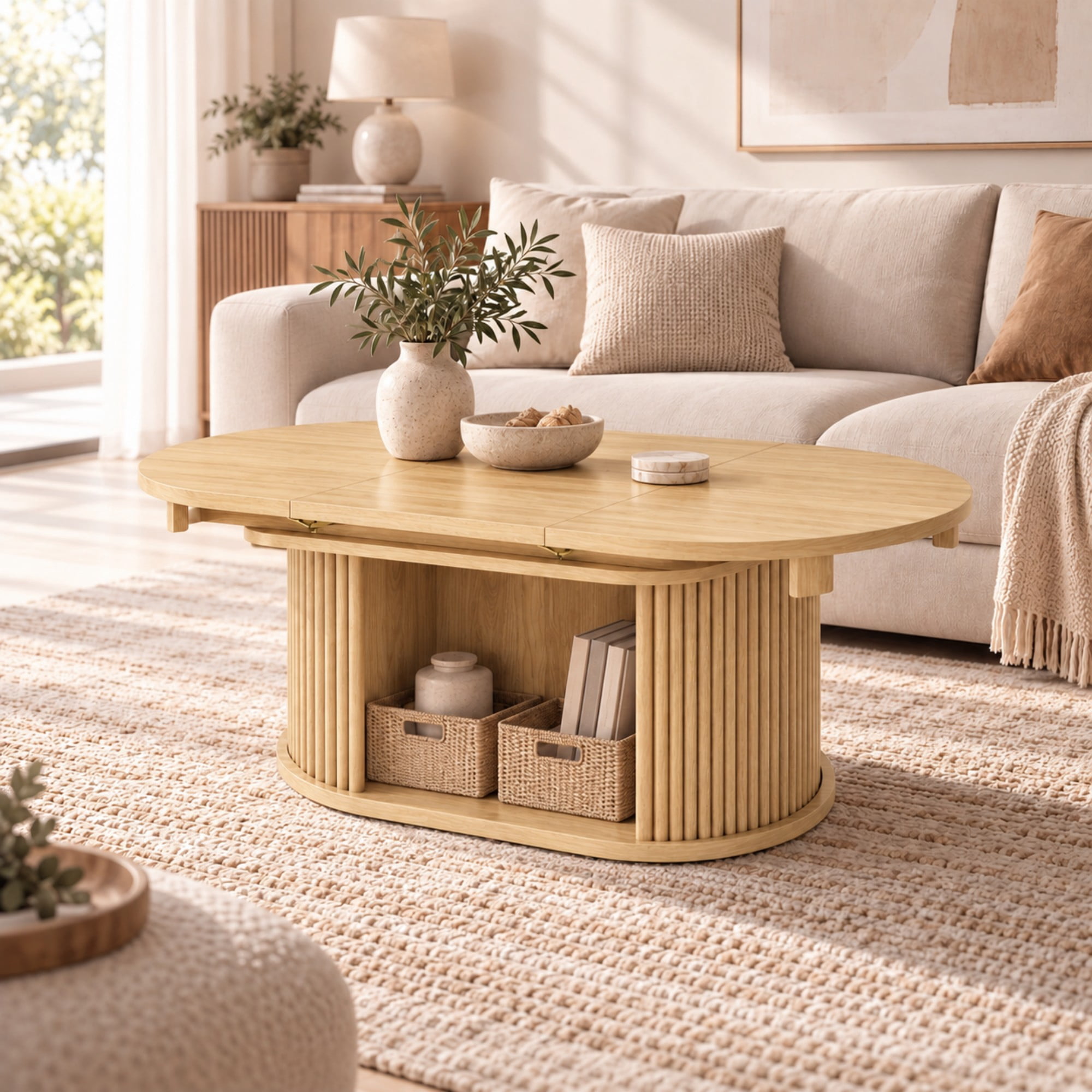 Lacoo Extendable Oval Coffee Table with Storage, Fluted Base with Cubby for Living Room, Den, Beige