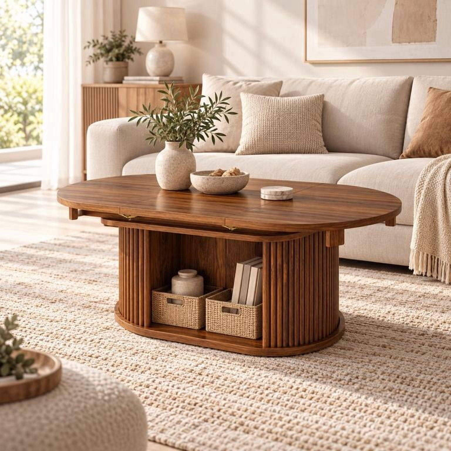 Lacoo Extendable Oval Coffee Table with Storage, Fluted Base with Cubby for Living Room, Den, Brown