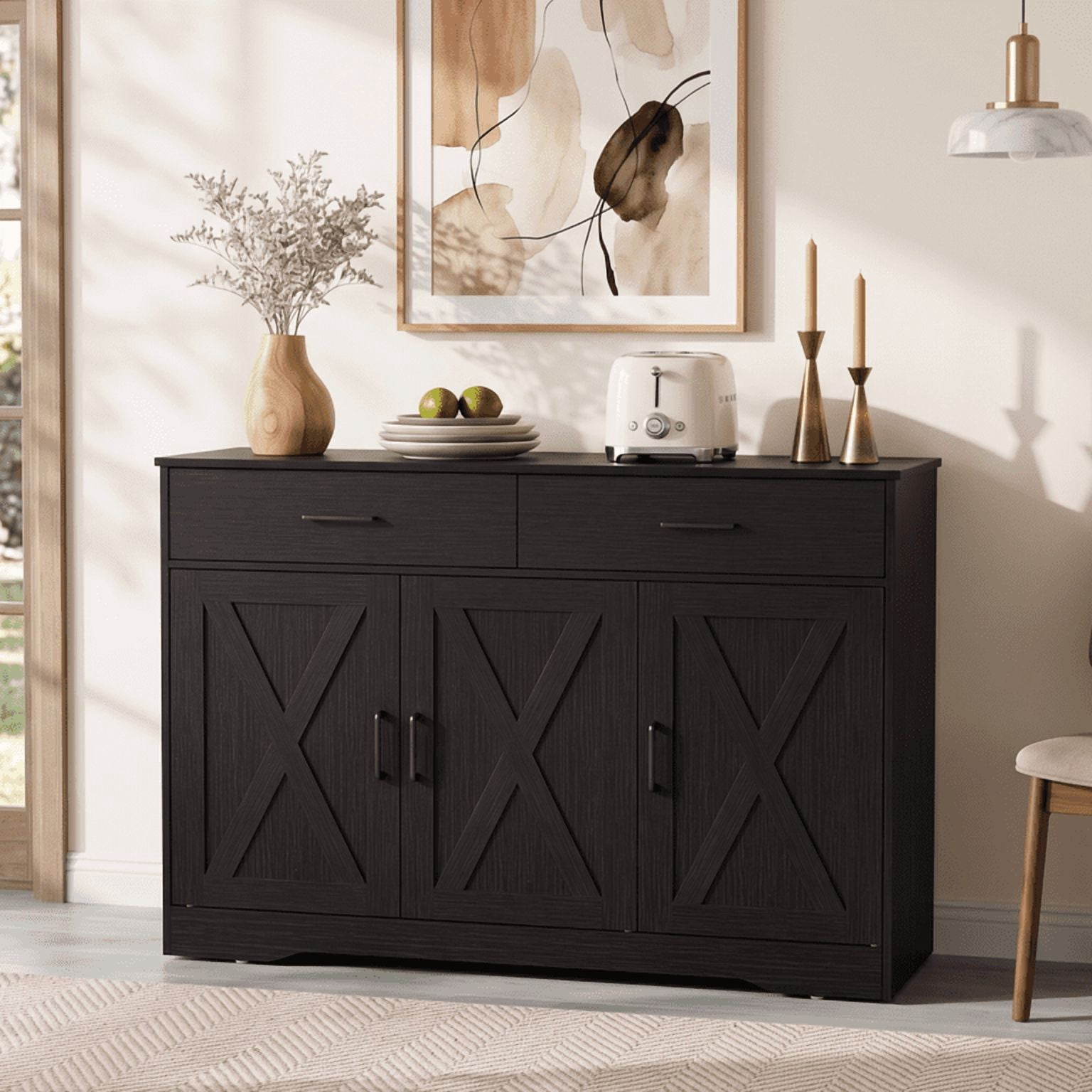 Lacoo Farmhouse Sideboard Buffet Cabinet with 2 Drawers and 3 Doors, Kitchen Storage Cabinet with Adjustable Shelf, Coffee Bar Cabinet for Dining Room and Living Room, Black