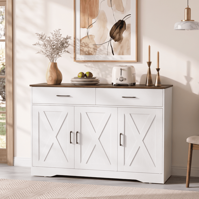 Lacoo Farmhouse Sideboard Buffet Cabinet with 2 Drawers and 3 Doors, Kitchen Storage Cabinet with Adjustable Shelf, Coffee Bar Cabinet for Dining Room and Living Room, White