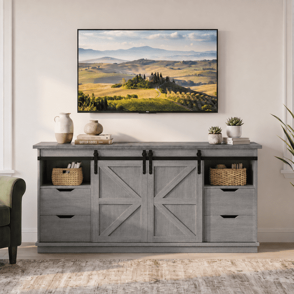 Lacoo Farmhouse TV Stand for TVs up to 70'', Entertainment Center with 4 Drawers for Living Room, Gray