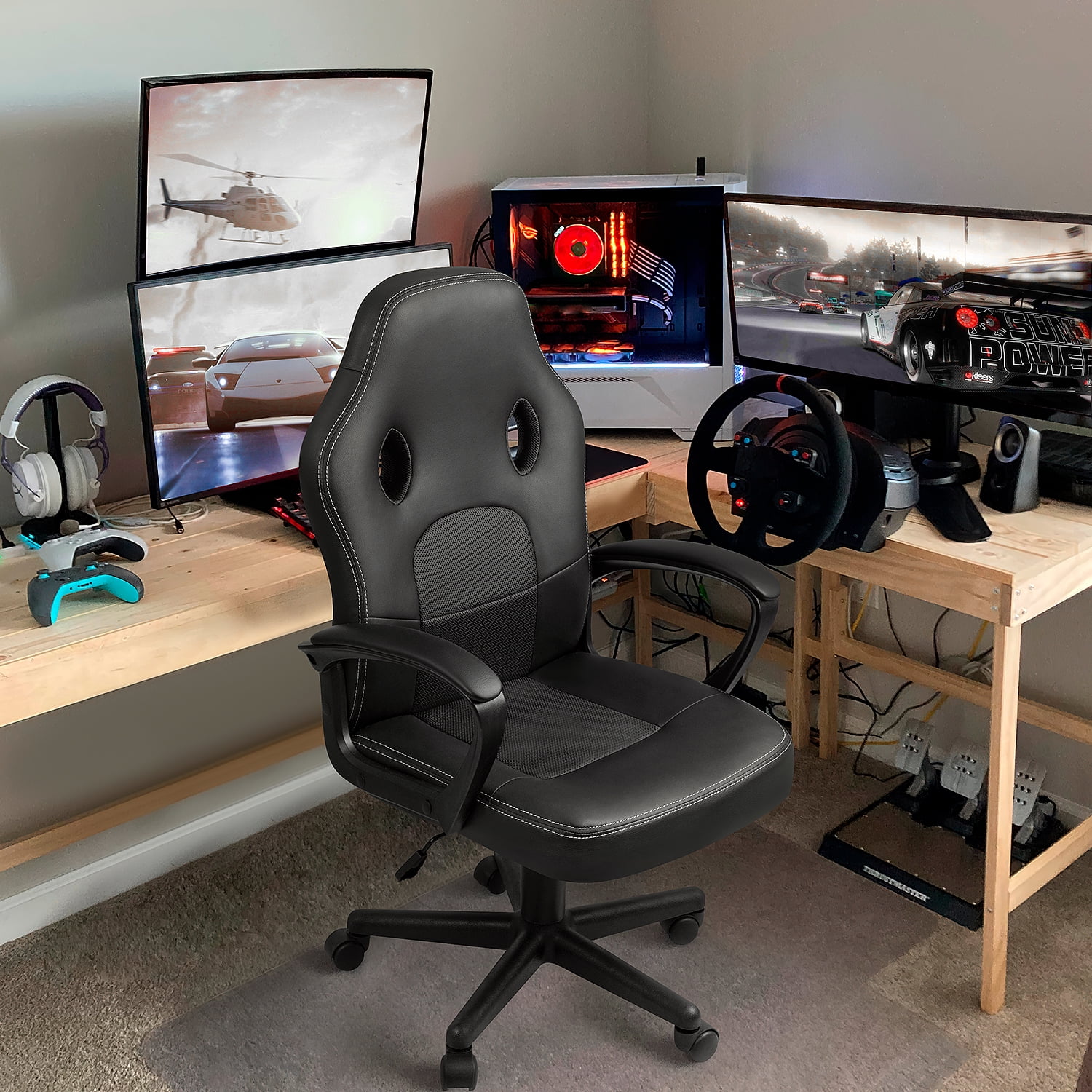 Lacoo Mid Back Gaming Chair Ergonomic PU Leather Computer Gaming Chair Office Chair with Armrests, Black