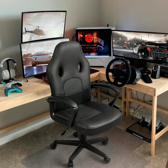 Lacoo Mid Back Gaming Chair Ergonomic PU Leather Computer Gaming Chair Office Chair with Armrests, Black