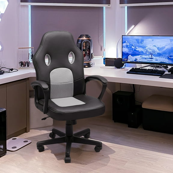 Lacoo Mid Back Gaming Chair Ergonomic PU Leather Computer Gaming Chair Office Chair with Armrests, White