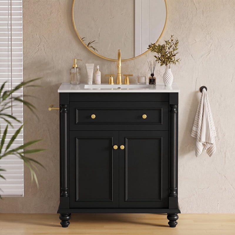Lacoo 30'' Freestanding Bathroom Vanity with Integrated Ceramic Sink, Traditional Bathroom Storage Cabinet with Flip Drawer, Double Doors & Side Towel Bar, Black