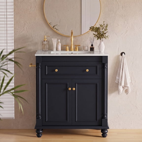 Lacoo 30'' Freestanding Bathroom Vanity with Integrated Ceramic Sink, Traditional Bathroom Storage Cabinet with Flip Drawer, Double Doors & Side Towel Bar, Blue