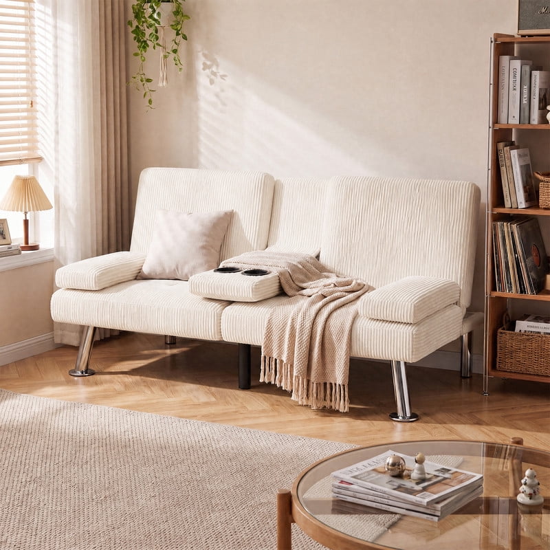 Lacoo Futon Sofa Bed, Corduroy Convertible Couch Sleeper Sofa, Cup Holders, Small Spaces,Beige