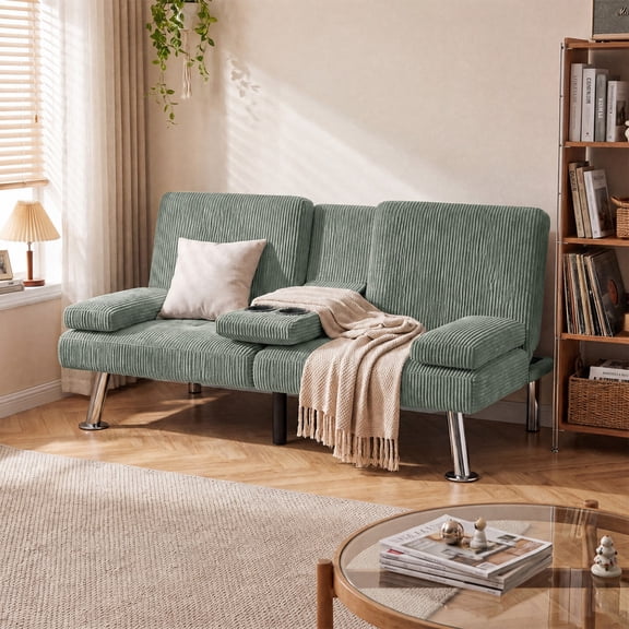 Lacoo Futon Sofa Bed, Corduroy Convertible Couch Sleeper Sofa, Cup Holders, Small Spaces,Green